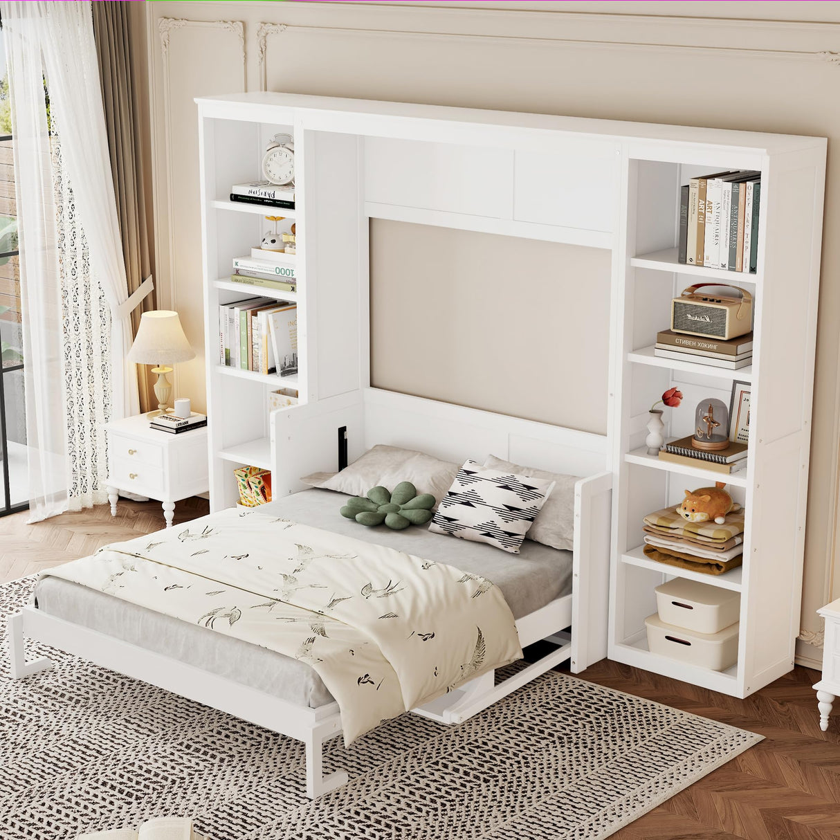 SOFTSEA Full Size Murphy Bed with Desk, Foldable Murphy Bed with Storage Cabinets, Space Saving Pull Down Wall Bed for Small Spaces, Guest Room, Bedroom or Office, White SOFTSEA