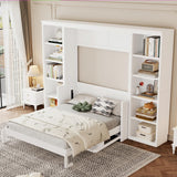 SOFTSEA Full Size Murphy Bed with Desk, Foldable Murphy Bed with Storage Cabinets, Space Saving Pull Down Wall Bed for Small Spaces, Guest Room, Bedroom or Office, White SOFTSEA