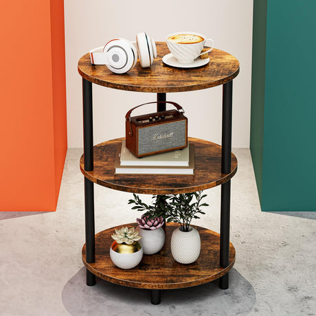 RISWER Small Round Side Table - 3-Tier Oval Accent Table for Small Spaces, Rustic Wood and Metal Couch End Table, Nightstand for Bedroom or End Table Living Room, Easy to Assemble, Rustic Brown RISWER