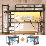 Itaar Twin Loft Bed with L-Shaped Desk, LED Lights and Charging Sation, Loft Bed Twin Size with 3-Tier Storage Shelves and Clothes Rail, Safety Guard & Ladder, No Box Spring Needed, Rustic Brown Itaar