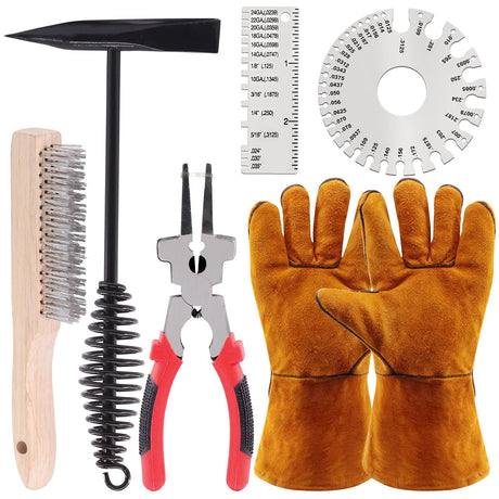 Glarks 6Pcs Welding Slag Removal Tool Set, Include 10'' Welding Chipping Hammer with Coil Spring Handle, Wire Brush, 10'' Welding Plier and 2Pcs Stainless Steel Metal Sheet Thickness Gauges Glarks