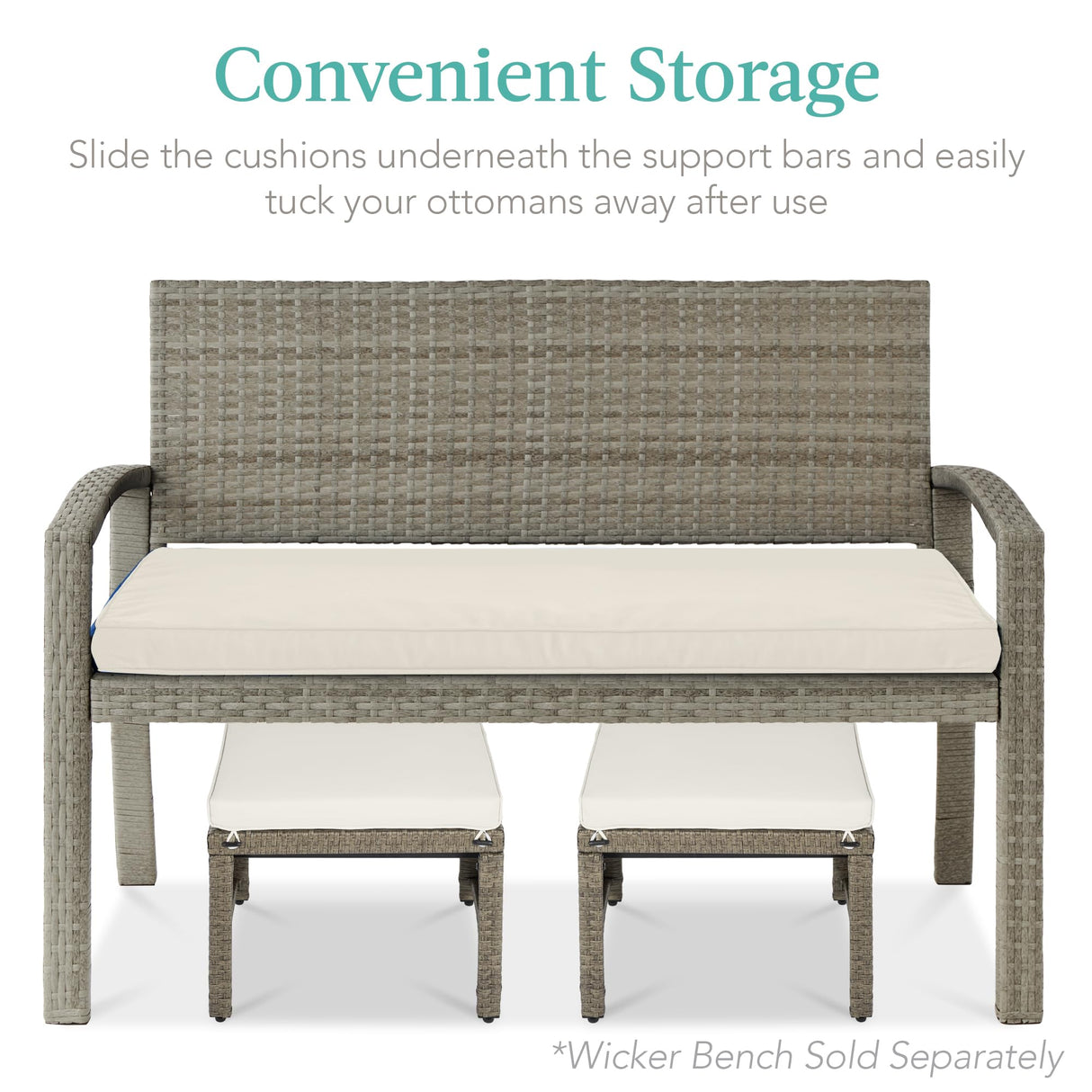 Best Choice Products Set of 2 Wicker Ottomans, Multipurpose Outdoor Furniture for Patio, Backyard, Additional Seating, Footrest, Side Table w/Removable Cushions, Steel Frame - White Sand/Taupe Best Choice Products