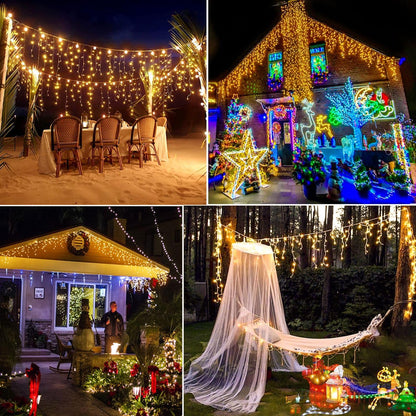 Warm White Christmas Lights Outdoor, 66ft 640 LED Icicle Lights for Outside House with Connectable Clear Wire 8 Modes Timer, Plug in Waterproof for Home Holiday Eaves Yard Party Room Indoor Decoration