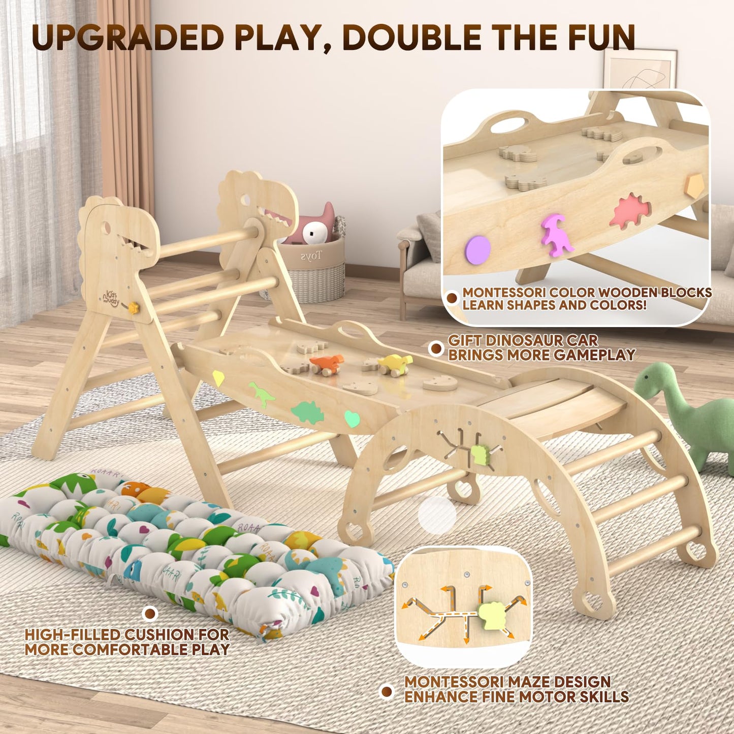 KidsBuddy Pikler Triangle Set with Cushion 9 in 1 Climbing Toys for Toddlers 1-3 Indoor Baby Climbing Gym Toddler Montessori Toys Wooden Climbing Toys with Maze Toys, Shape Sorting Toys, Dinosaur Car