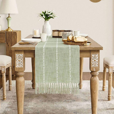 ZeeMart Farmhouse Braided Striped Table Runner, Rustic Sage Green Table Runners 72 Inches Long Boho Home Decor, Desert Sage 15x72 Inches ZeeMart
