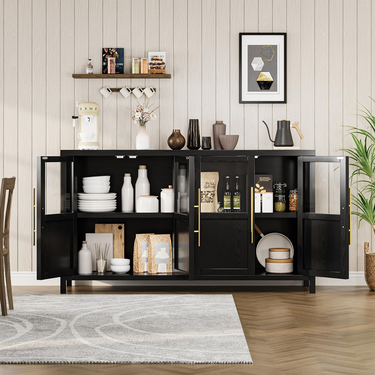 GarveeHome Sideboard Buffet Cabinet with 4 Glass Doors, 55" Large Buffet Cabinet with Storage, Modern Farmhouse Storage Cabinet Table for Kitchen Dining Room, Living Room(Glass with 4 Door, Black) GarveeHome