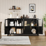 GarveeHome Sideboard Buffet Cabinet with 4 Glass Doors, 55" Large Buffet Cabinet with Storage, Modern Farmhouse Storage Cabinet Table for Kitchen Dining Room, Living Room(Glass with 4 Door, Black) GarveeHome