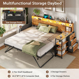 VIAGDO Daybed Twin with Pop Up Trundle, Farmhouse Wooden Day Bed Frame with 3 Storage Drawers and Shelves, Twin to King Daybed with Charging Station and LED Lights for Bedroom, Rustic Brown VIAGDO
