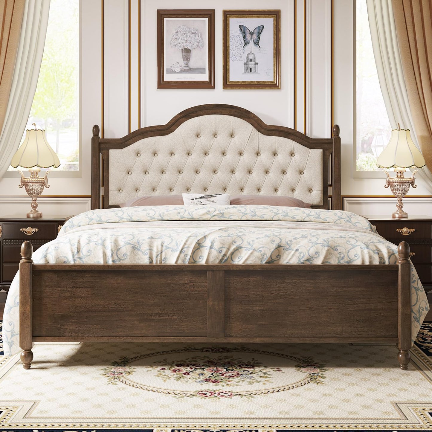 LUXOAK Queen Size Solid Wood Bed Frame with Upholstered Camelback Headboard - WoodArtSupply