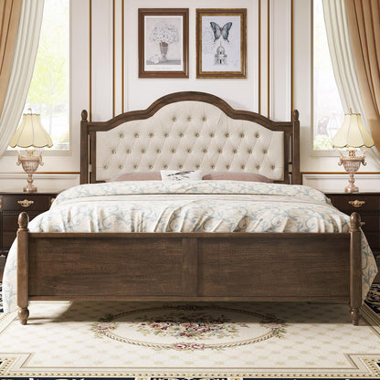 LUXOAK Queen Size Solid Wood Bed Frame with Upholstered Camelback Headboard - WoodArtSupply