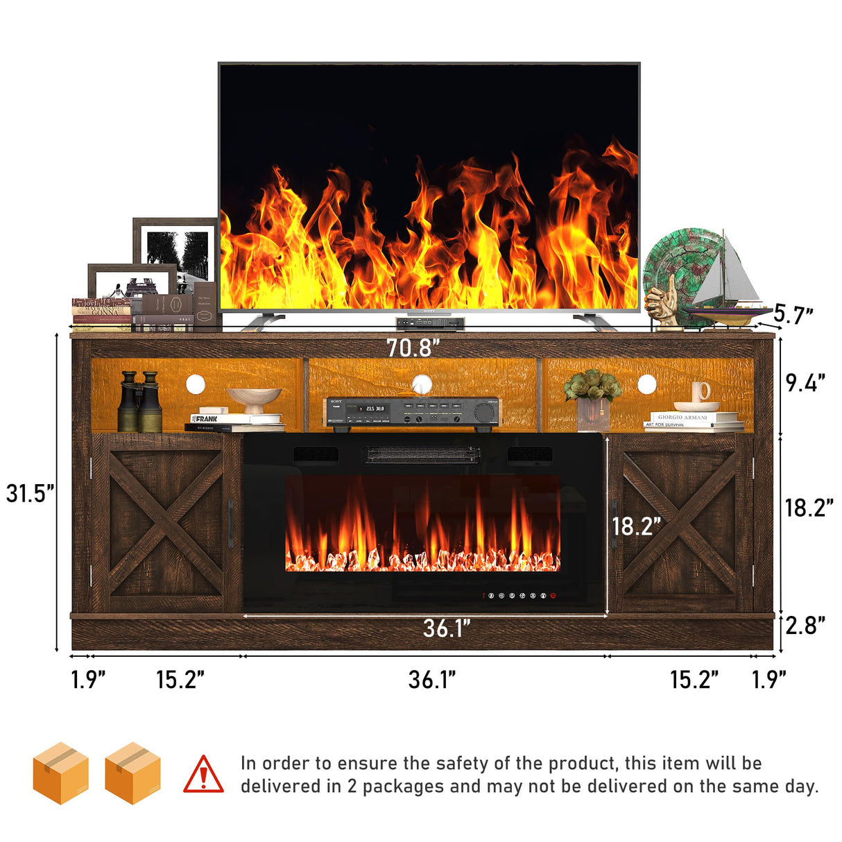jiteentarou Farmhouse Fireplace TV Stand for 70/75/80 Inch TV, 32”Tall Entertainment Center w/ 36”Electric Fireplace & LED Light, 70”Media Console w/Barn Door Cabinet for Living Room, Brown jiteentarou