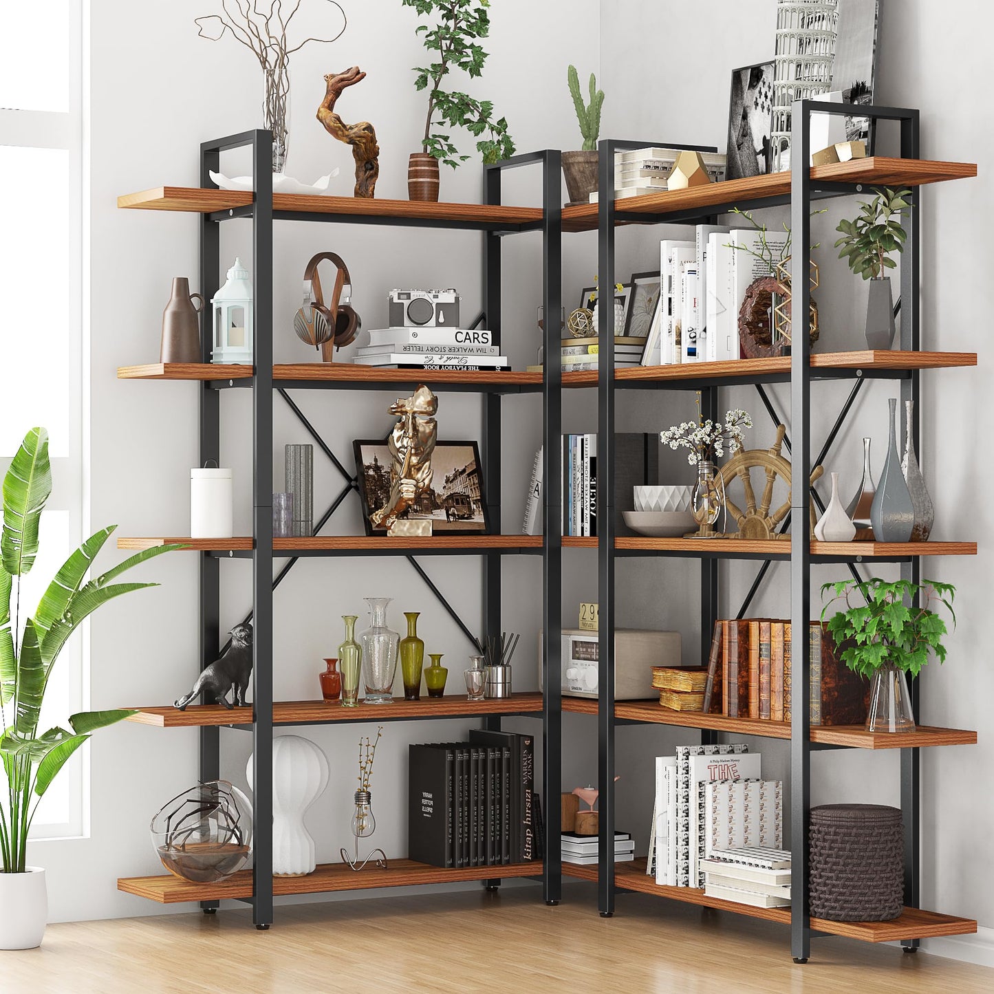 BATHWA 5-Tier Rustic Industrial Bookshelf - 6ft Tall Wooden and Metal Bookcase for Home & Office Storage - WoodArtSupply