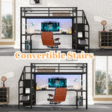 Bellemave Full Size Metal Loft Bed with L Shaped Desk and Wardrobe, Heavy Duty Loft Bed Frame with Storage Stairs, LED Loft Bed Frame with Charging Station & Safety Guard, Space Saving Loft Bed, Black Bellemave