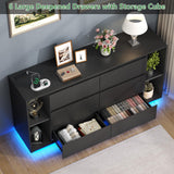 Gyfimioe 6 Drawer Dresser with Power Outlet, Floating White Dresser Chest of Drawer with LED Light,Modern Double Wide Drawer Organizer Cabinet for Bedroom,Living Room (6 Drawer-Black) Gyfimoie