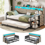 VIAGDO Daybed Twin with Pop Up Trundle, Farmhouse Wooden Day Bed Frame with 3 Storage Drawers and Shelves, Twin to King Daybed with Charging Station and LED Lights for Bedroom, Guest Room, Grey VIAGDO