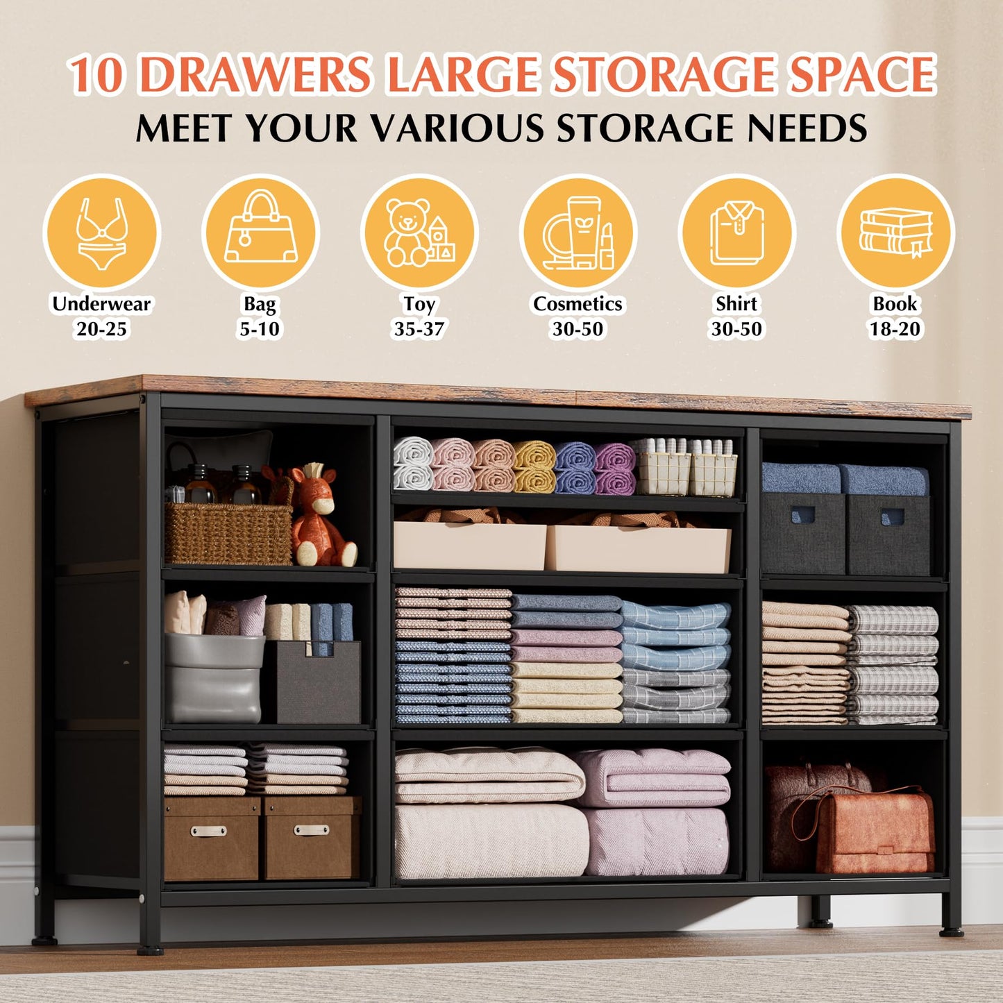 Takywep 10 Drawer Dresser for Bedroom with Wooden Top, Rustic Brown Tv Stand Dresser with Power Outlet for 55", Bedroom Dressers with Drawers, Fabric Drawer Dresser for Bedroom, Big Storage… - WoodArtSupply