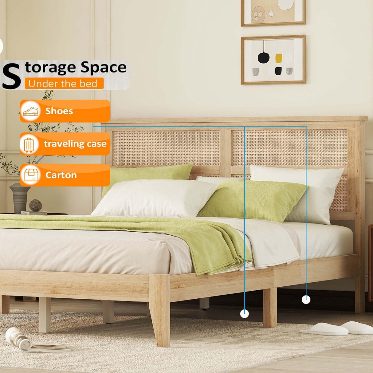 HRVEOCEI Boho Bed Frame Queen with Rattan Headboard, Rattan Bed Frame&Queen Beds Frames with Wood Legs, Solid Wood Beds Frames with Storadge Underneath,Easy Assembly (Oak White, Queens) HRVEOCEI