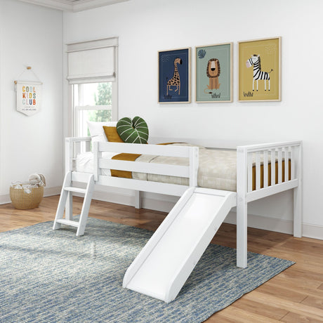 Max & Lily Twin Ultra Low Loft Bed with Slide and Climbing Ladder, Solid Wood Bed for Kids, Space Saving Design for Small Rooms, Twin Size Loft Bed with 14 Inch Guardrails, Anti Slip Steps, White Max & Lily