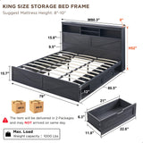 ACCOHOHO Farmhouse King Size Wood Bed Frame with 52" Tall Storage Headboard and 4 Drawers,LED Light,Charging Station,Solid Wood Slats Support,Noiseless,No Box Spring Needed,Black ACCOHOHO