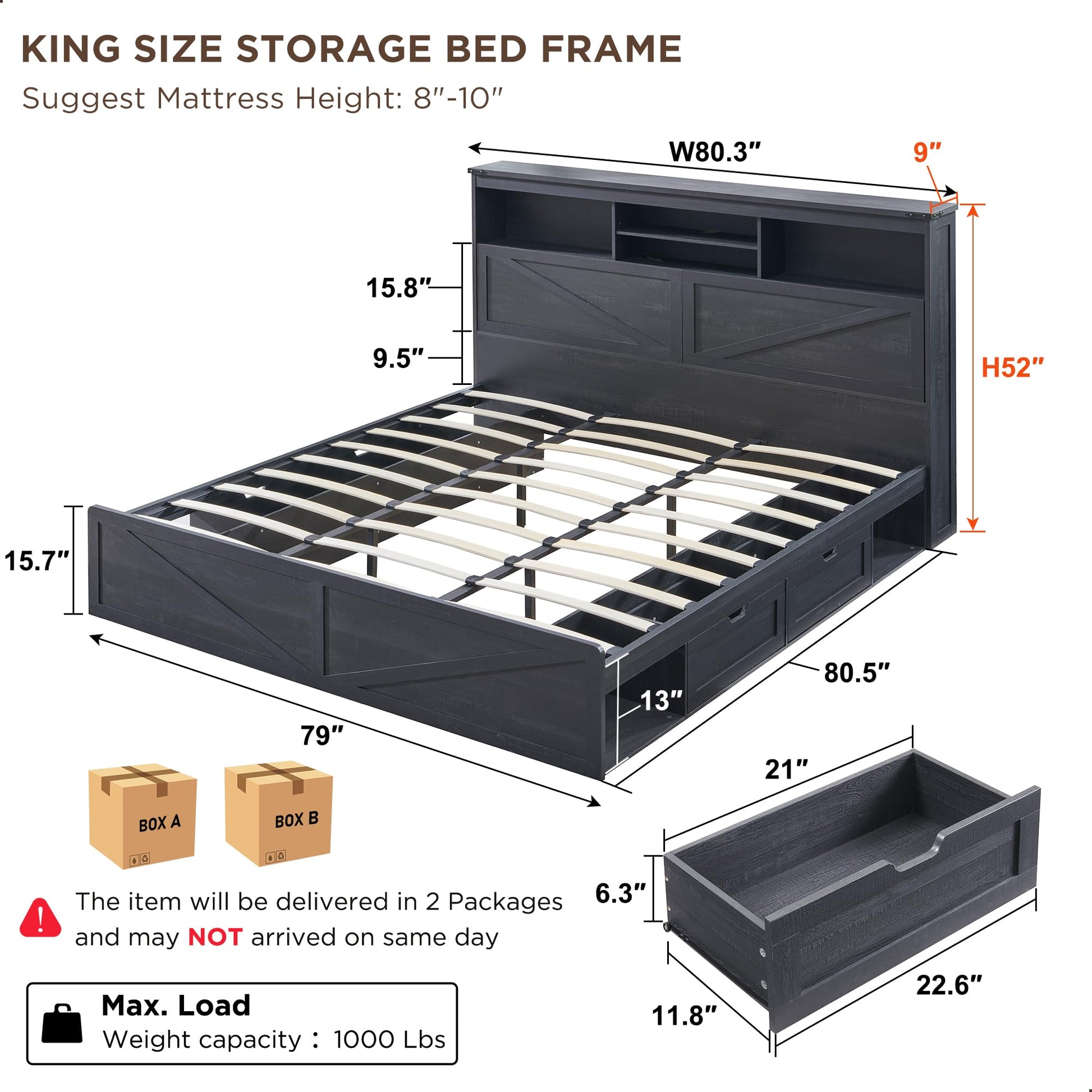 ACCOHOHO Farmhouse King Size Wood Bed Frame with 52" Tall Storage Headboard and 4 Drawers,LED Light,Charging Station,Solid Wood Slats Support,Noiseless,No Box Spring Needed,Black - WoodArtSupply