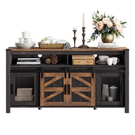 WAMPAT Rustic Farmhouse Buffet Cabinet with Sliding Barn Doors – 59" Antique Black & Brown Coffee Bar Storage Table for Kitchen and Living Room WAMPAT