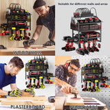 Power Tool Organizer Wall Mount with Charging Station, 4 Layer Storage Rack and Tool Holder for Garage Organization, 6 Drill Holder Wall Mount, 4 Hooks and 6 Outlet Power Strip, Great Men's Gift FULOOPHI
