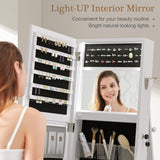 VECELO Jewelry Cabinet Standing Full Length Mirror with Interior LED Lights, 360° Swivel Lockable Jewelry Armoire with Bottom Cabinet Back Storage Shelf and Four Wheels, White VECELO