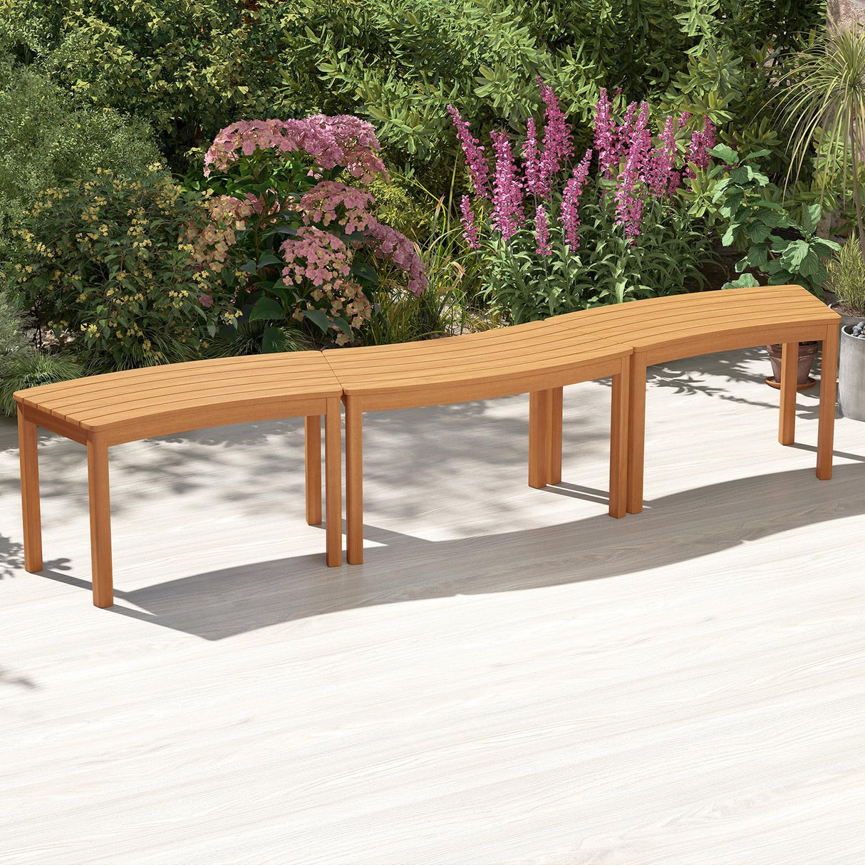 HAPPYGRILL Acacia Wood Outdoor Curved Bench, Fire Pit Bench with Slatted Seats, Tree Benches Wrap Around for Patio Garden Backyard, 400 lbs (3) HAPPYGRILL