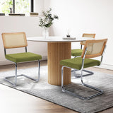 KROFEM Modern Cesca Cane Dining Chairs, Set of 2, Handwoven Rattan Cane Back, Chrome Base, Upholstered Cotton Seat, Ideal for Kitchen or Dining Room, Green KROFEM