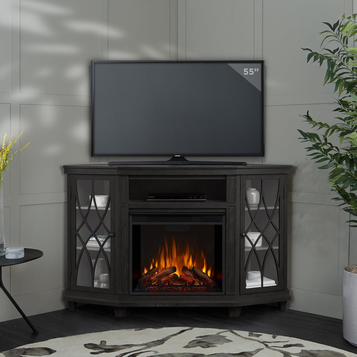 Real Flame Lynette 56" Corner Electric Fireplace TV Stand for TVs up to 55 inches, Entertainment Center with Electric Fireplace, Living Room TV Stand with Fireplace. Real Flame