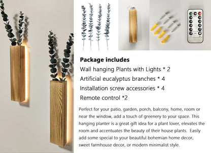 2 Pack Wall Planter with Led Lights Wood Plant Hanger with Artificial Eucalyptus Wall Hanging Decor Pocket Planter Vases Fake Plants Dried Flowers, livingroom Bedroom Kitchen Home Office Deco - WoodArtSupply