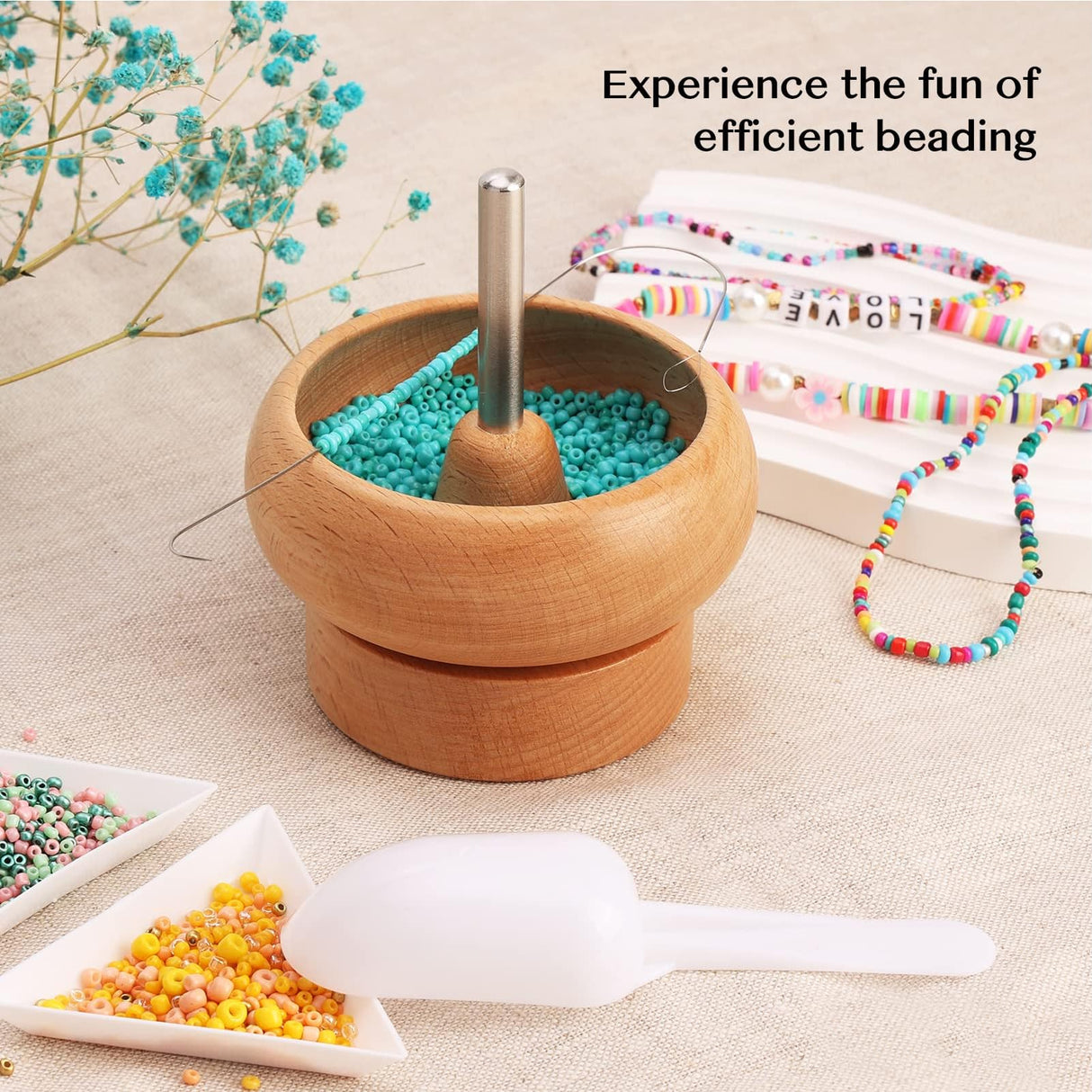 Tilhumt Bead Spinner for Jewelry Making, Effortless Rotating Wooden Clay Bead Spinner with 2 Big Eye Beading Needles and 3000 Seed Beads, Beading Supplies for Making Waist, Bracelets, Necklace Tilhumt