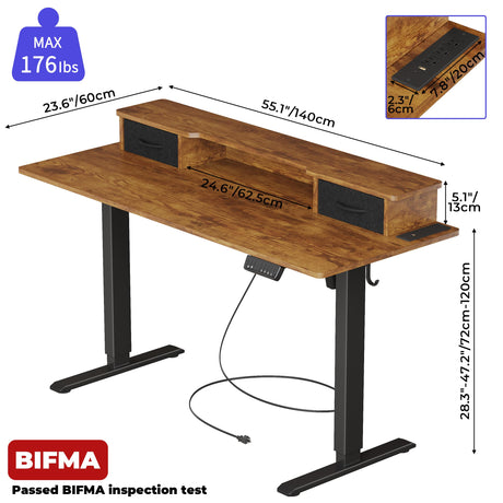 JOISCOPE 55 Inch Electric Standing Adjustable Height Desk with USB & Type-C Outlet, Home Office Computer Gaming Desk with Display Riser and Double Drawer, Sit Stand Desk, Vintage Oak JOISCOPE