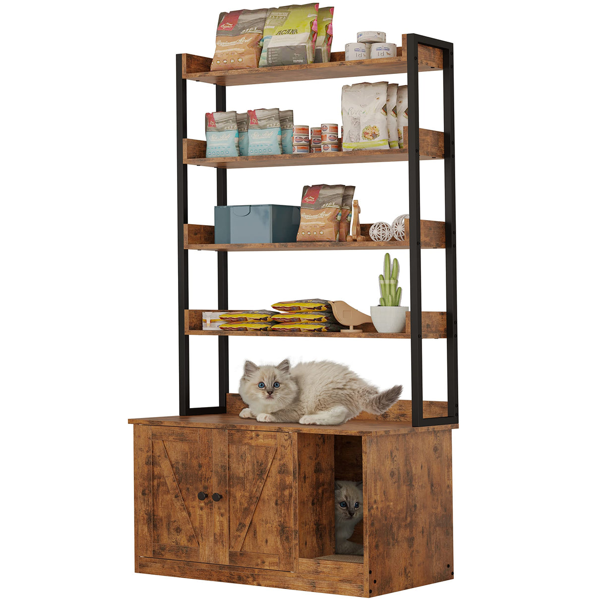 IRONCK Litter Box Enclosure with 4 Shelves and Doors, Large Wood Cat Litter Box Furniture Hidden with Storage and Scratch, Fit Most of Litter Box, Vintage Brown IRONCK