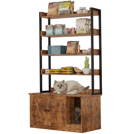 IRONCK Litter Box Enclosure with 4 Shelves and Doors, Large Wood Cat Litter Box Furniture Hidden with Storage and Scratch, Fit Most of Litter Box, Vintage Brown IRONCK