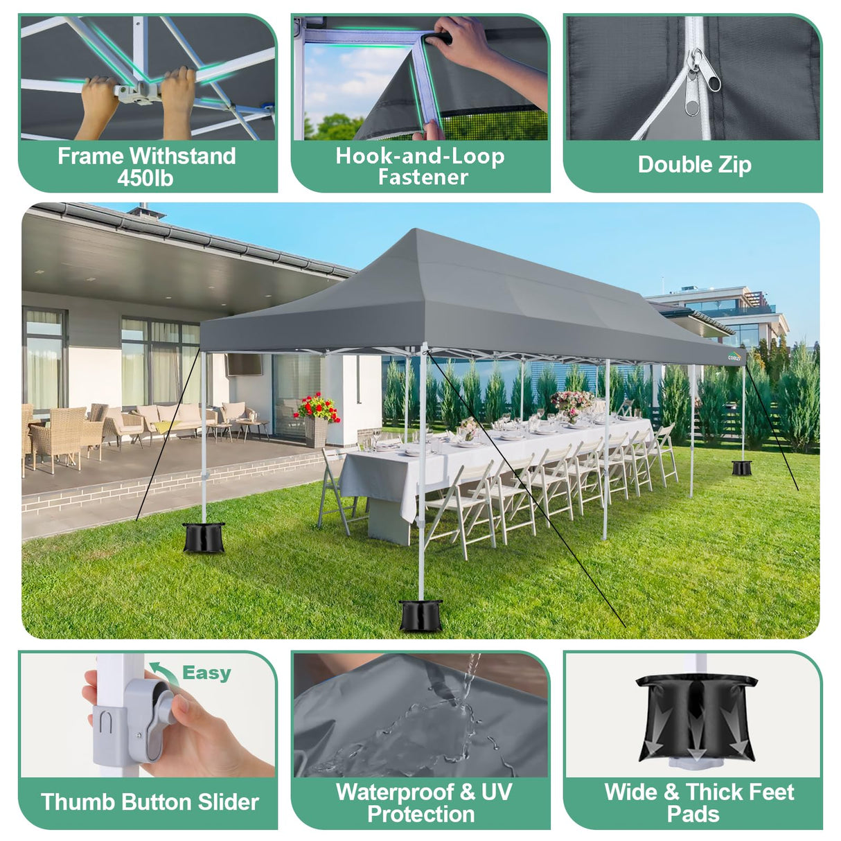 COBIZI 10x30 Canopy Tent, Heavy Duty Pop up Canopy with Sidewalls, Waterproof Easy Setup Canopy with Mosquito Netting, Outdoor Instant Screen Tents for Parties, Wedding with Roller Bag, Gray COBIZI
