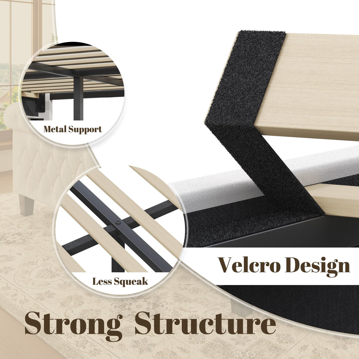 HISOFT Queen Bed Frame, 39" Tall Velvet Upholstered Sleigh Bed with Wingback Headboard & Scroll Footboard, No Box Spring Needed, Sturdy Support, Easy Assembly, Noise Free, Button Tufted, White HISOFT