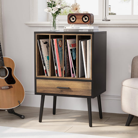 Mino Kesper Black Record Player Stand with Nesting Vinyl Storage Crate, Vinyl Record Storage Side Table with Drawer, Turntable Stand with Solid Wood Legs for Living Room Mino Kesper