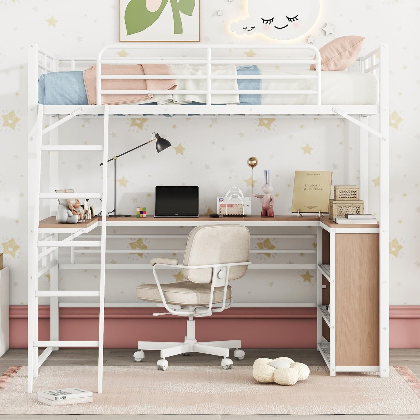 Metal Twin Size Loft Bed with L-Shaped Desk,Heavy Duty Loft Bed with 3 Tier Shelves for Kids Teens Adults,Loft Bed Twin Size with Storage, High Loft Bed Frame, Space Saving,White