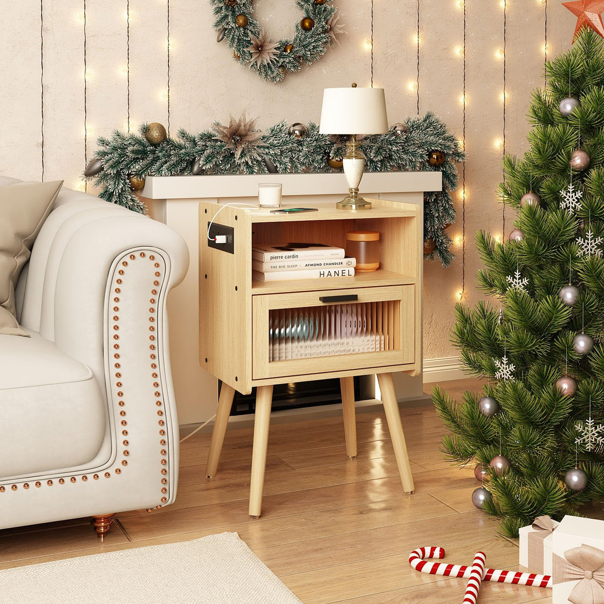 Mid Century Modern Nightstand with Charging Station, Bedside Tables with Glass Drawer, End Table Side Table with 2 Tiers Storage Space, for Bedroom, Living Room, Natural SOOWERY