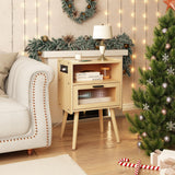 Mid Century Modern Nightstand with Charging Station, Bedside Tables with Glass Drawer, End Table Side Table with 2 Tiers Storage Space, for Bedroom, Living Room, Natural SOOWERY