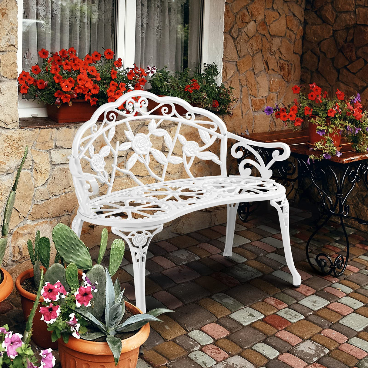VINGLI 38.5" Patio Park Garden Outdoor Metal Rose Bench,Cast Iron Cast Aluminium Frame Antique Finish Chair,Accented Lawn Front Porch Path Yard Decor Deck Furniture for 2 Person Seat（White VINGLI