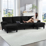 ijuicy 110" U Shaped Couch with Double Chaises, Sectional Couches for Living Room with Sleepable Armrest, 4 Seater Sofa Set/Sectional Sofa, Living Room Furniture (Chenille, Black) ijuicy