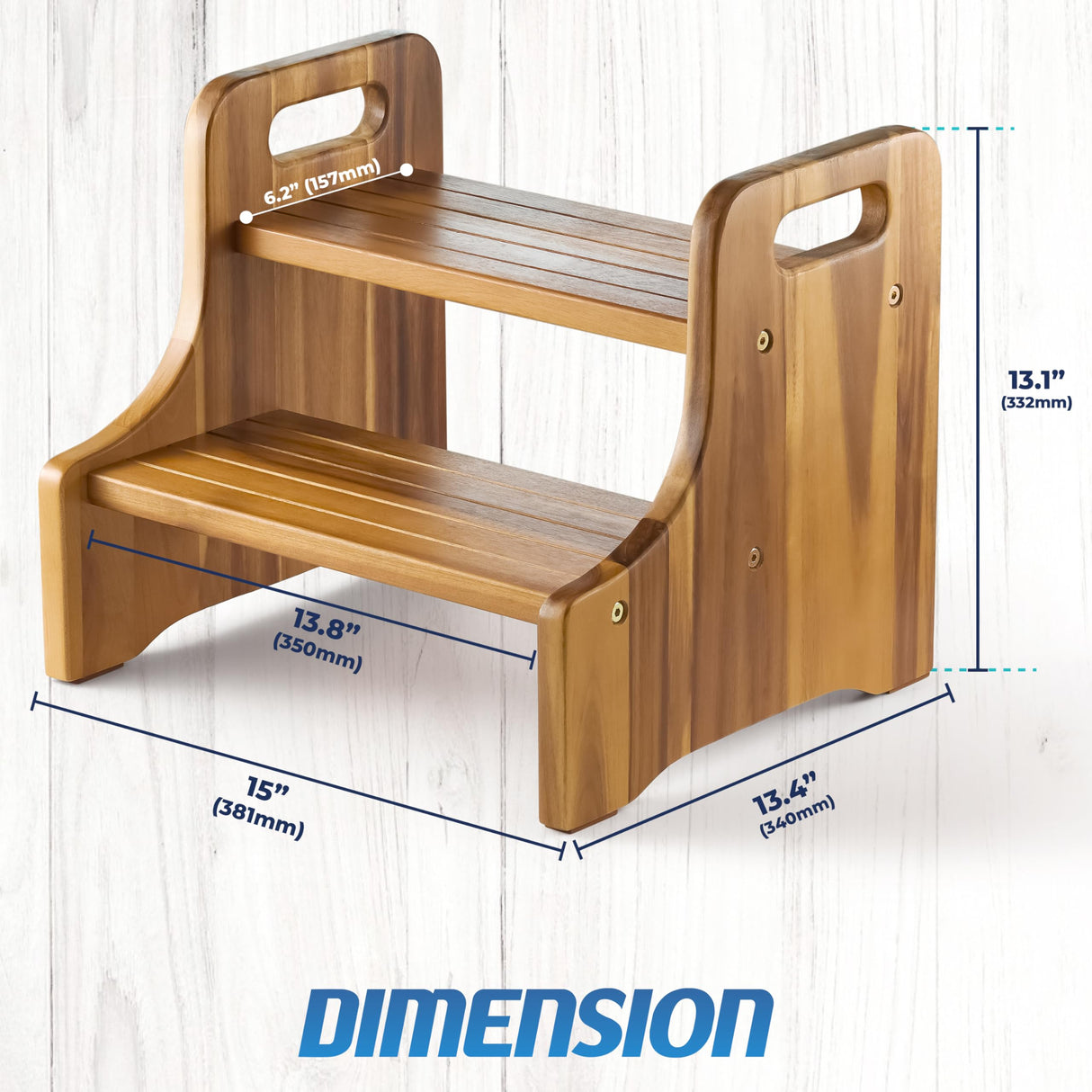 2BHOME Wooden Step Stool, Heavy Duty Two-Step Stool for Adults with Built-in Handle, Wooden Stepping Stool with 500Lbs Capacity for Kitchen & Bathroom, Non-Slip Wood Bedside Bed Steps for High Beds 2BHOME