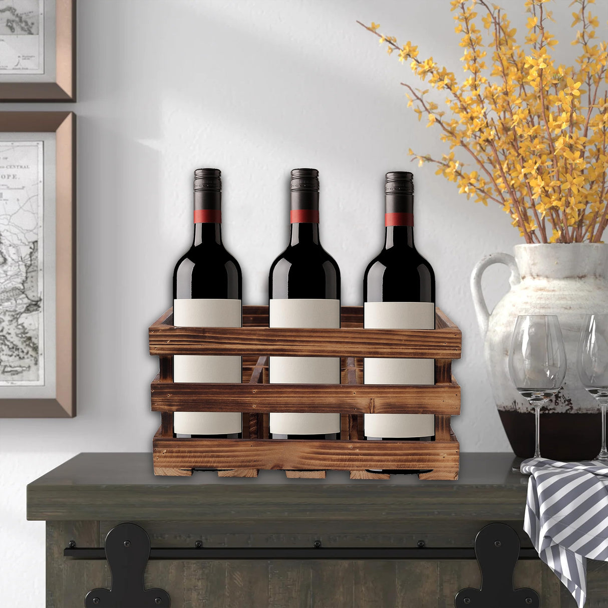 Sintosin Rustic 6 Bottle Wood Wine Racks Countertop, 13 x 8 inch Burning Finished Bottle Caddy, Handmade Farmhouse Wooden Wine Crates, Bottle Holder Decorative for Milk, Gifts for Wine Lovers Sintosin