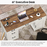 Farmhouse 61'' Executive Desk with 5 Drawers, Rustic Office Desk Computer Desk with Charging Station, File Drawers and Storage Cabinet, Wood Workstation for Home Office and Study, Unique White Halitaa