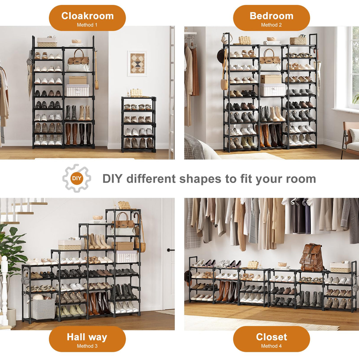 WOWLIVE 9 Tiers Large Shoe Rack Storage Organizer for Closet 50-55 Pairs Shoe Tower Unit Shelf Stackable Shoe Rack with Metal Pipes Plastic Connectors Black(SSS3B9) WOWLIVE