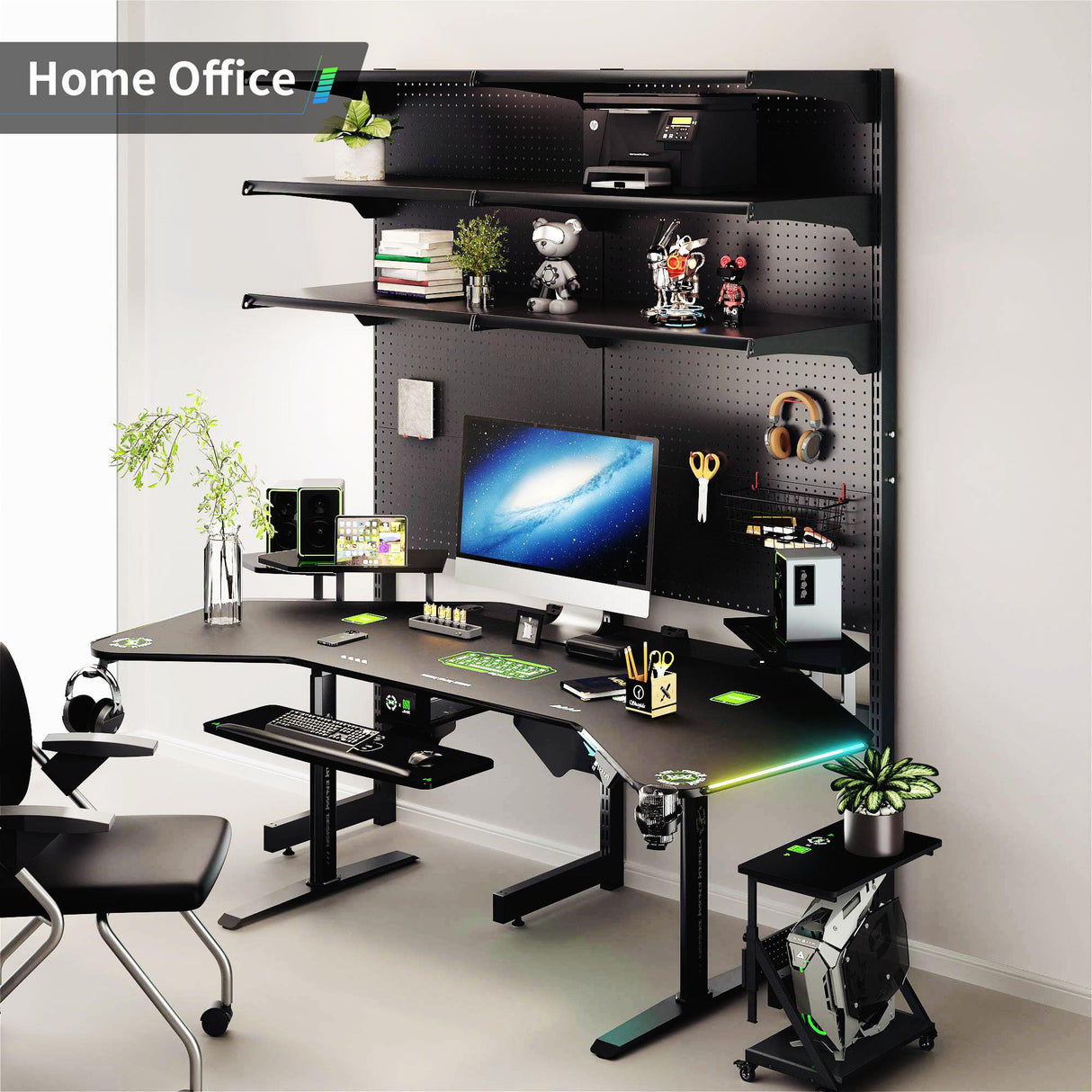 Klobel 72" Standing Gaming Desk with Dual Motor, Wing-Shaped Computer Desk with Full Coverage Mouse Pad, Electric Height Adjustable Standing Desk with RGB LED Lights and Slot Design Shelves Klobel