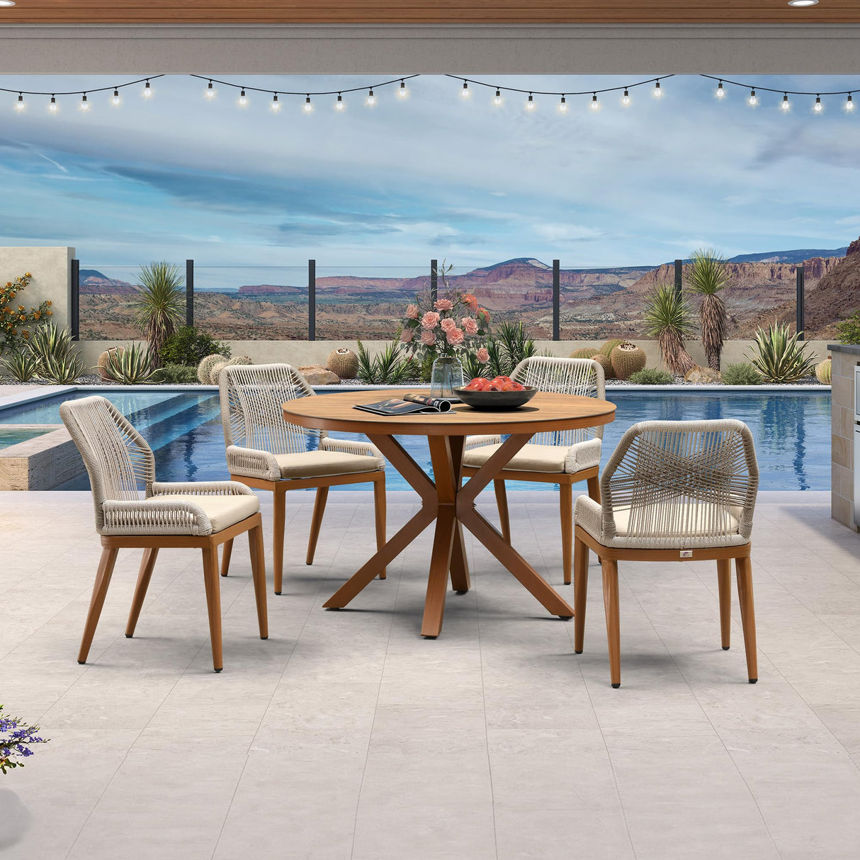 PURPLE LEAF 5 Pieces Round Dining Set Patio Aluminum Modern Oversize Round Table and Wicker Chairs with Cushions for Kitchen Porch Garden Outdoor Furniture Sets PURPLE LEAF