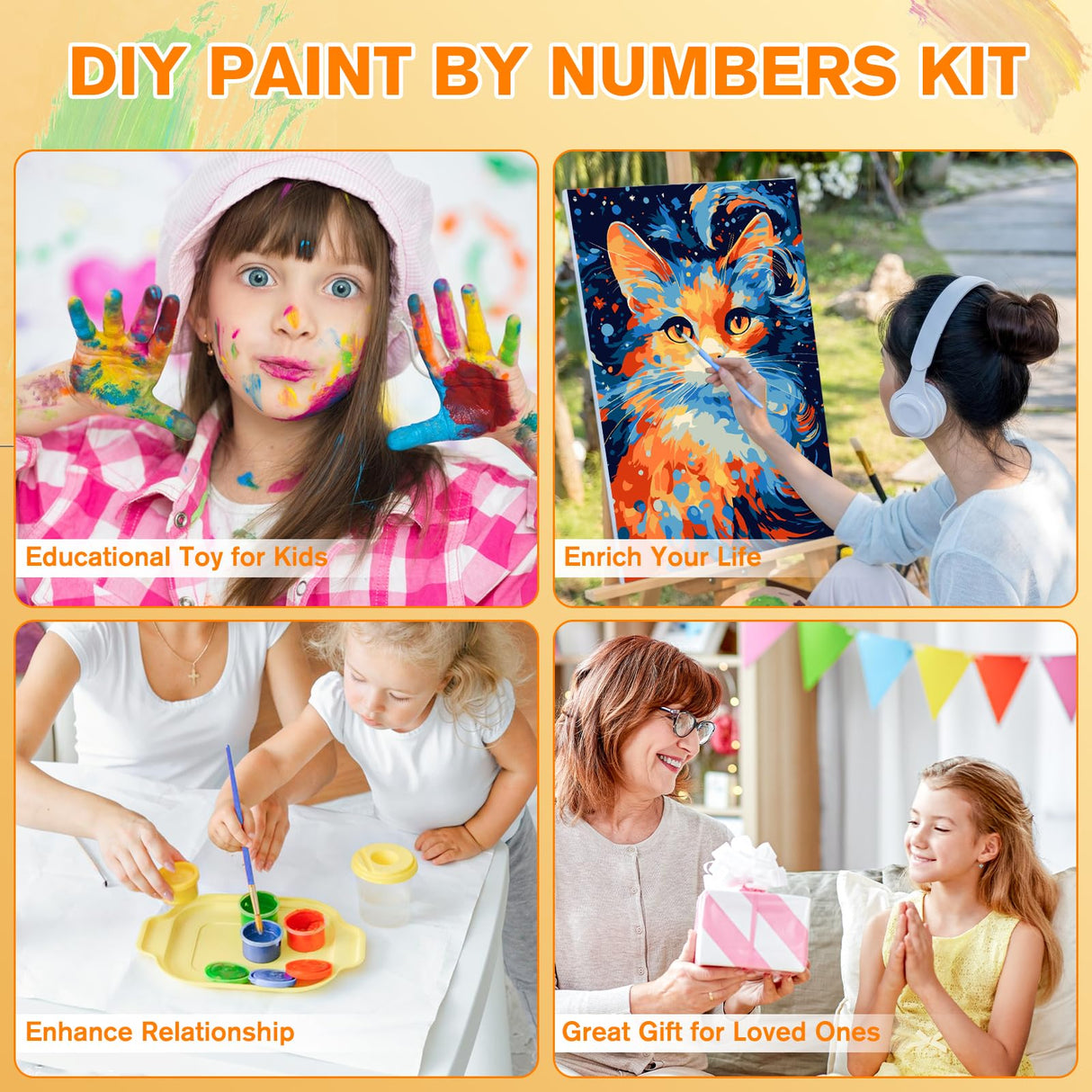 Bowetile Cat Paint by Numbers for Adults Beginners Framed, Easy Adults' Paint-by-Number Kits, DIY Adult Paint by Number Kits on Canvas, Animals Acrylic Number Painting for Home Decor, 8x12in Bowetile